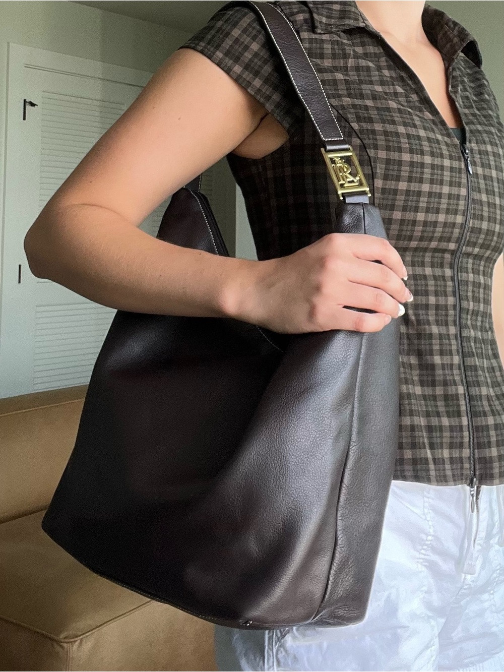 Ralph Lauren Brown Leather Hobo Bag with gold hardware